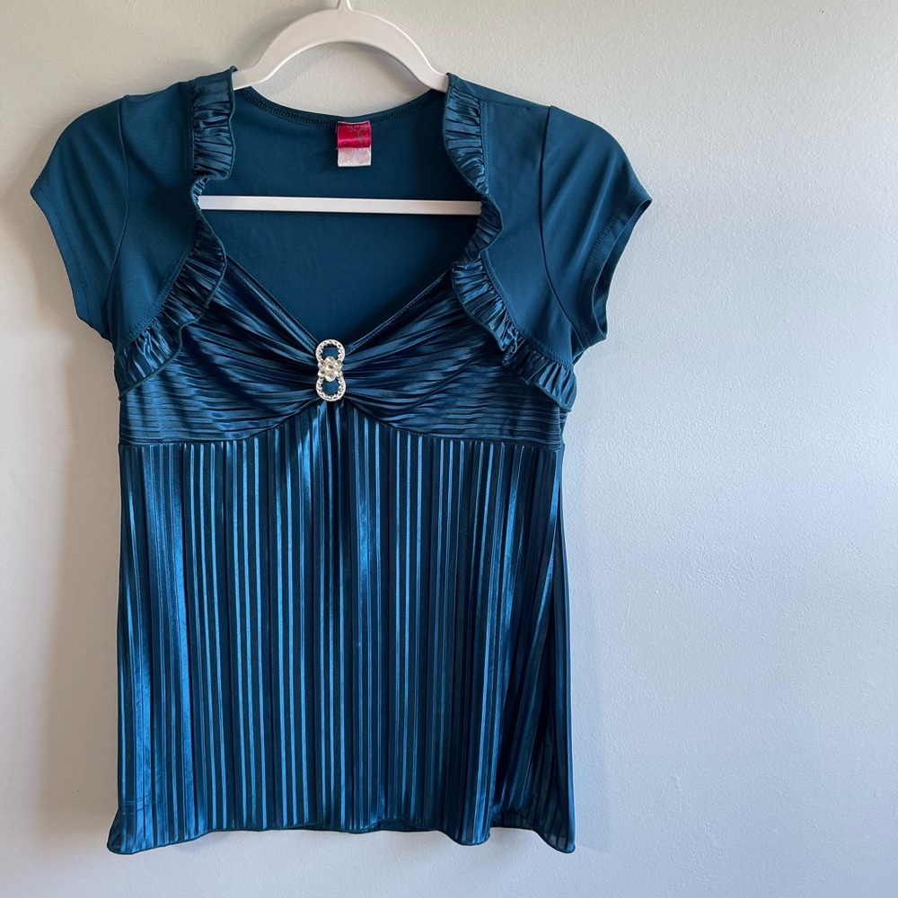 VTG Y2K Danesi USA teal blouse w pleated design rhinestone embellishment